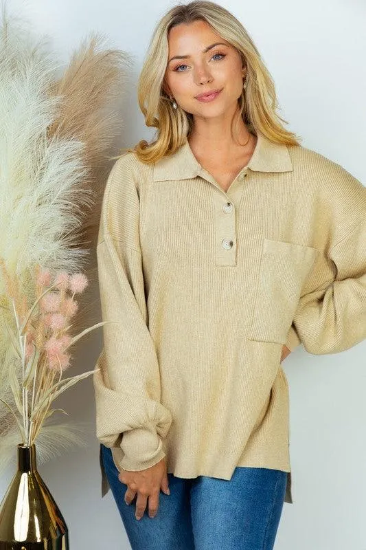 Long Sleeve Solid Knit Top Brown Oatmeal