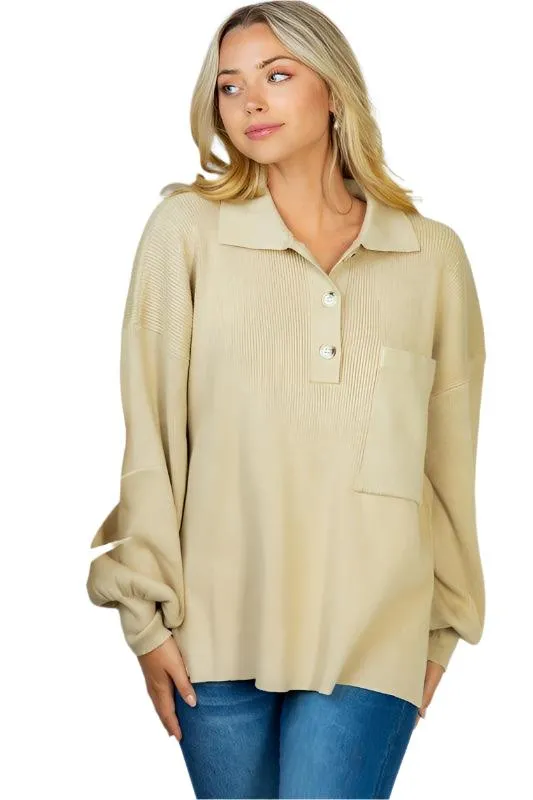 Long Sleeve Solid Knit Top Brown Oatmeal