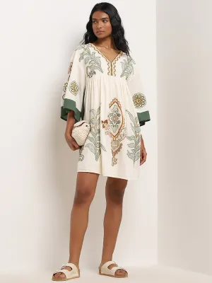 LOV Off-White Embroidered A-Line Blended Linen Dress