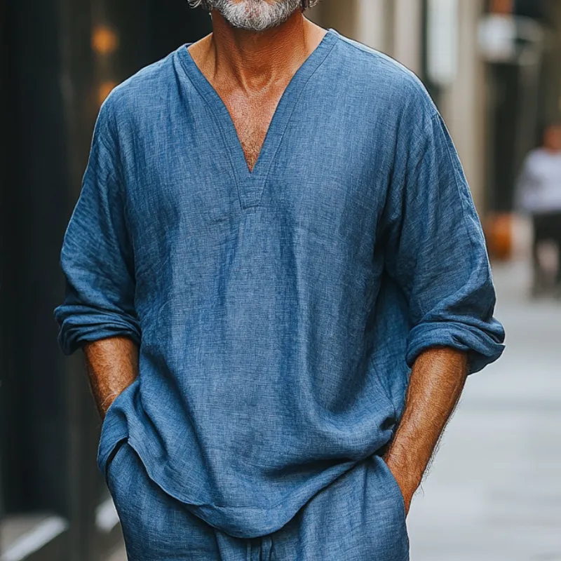 Men's Casual Deep V-neck Blue Linen Long-sleeved T-shirt 32776874F