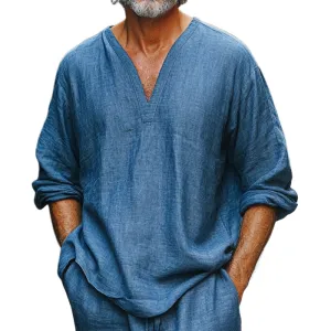 Men's Casual Deep V-neck Blue Linen Long-sleeved T-shirt 32776874F