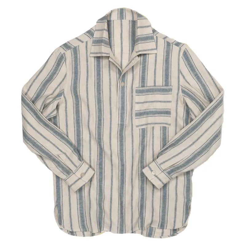 Men's Casual Lapel Cotton and Linen Striped Long-sleeved POLO Shirt 46312024F