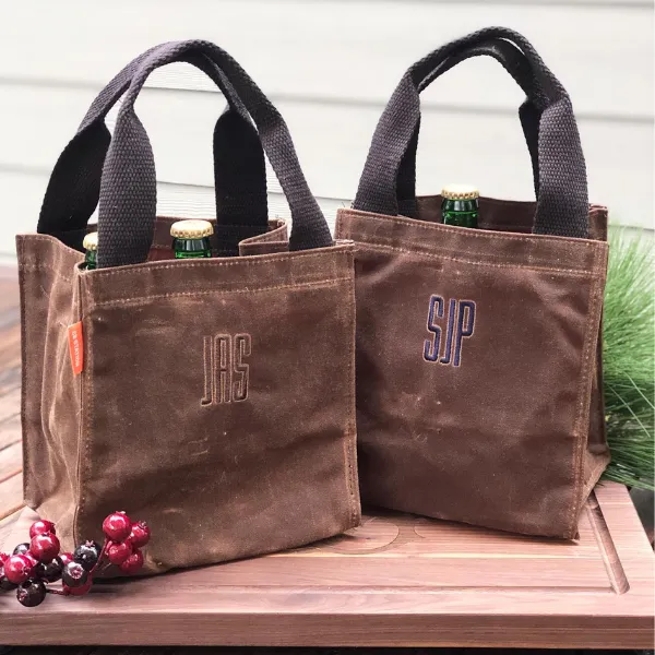 Personalized Waxed Canvas Bottle Carrier