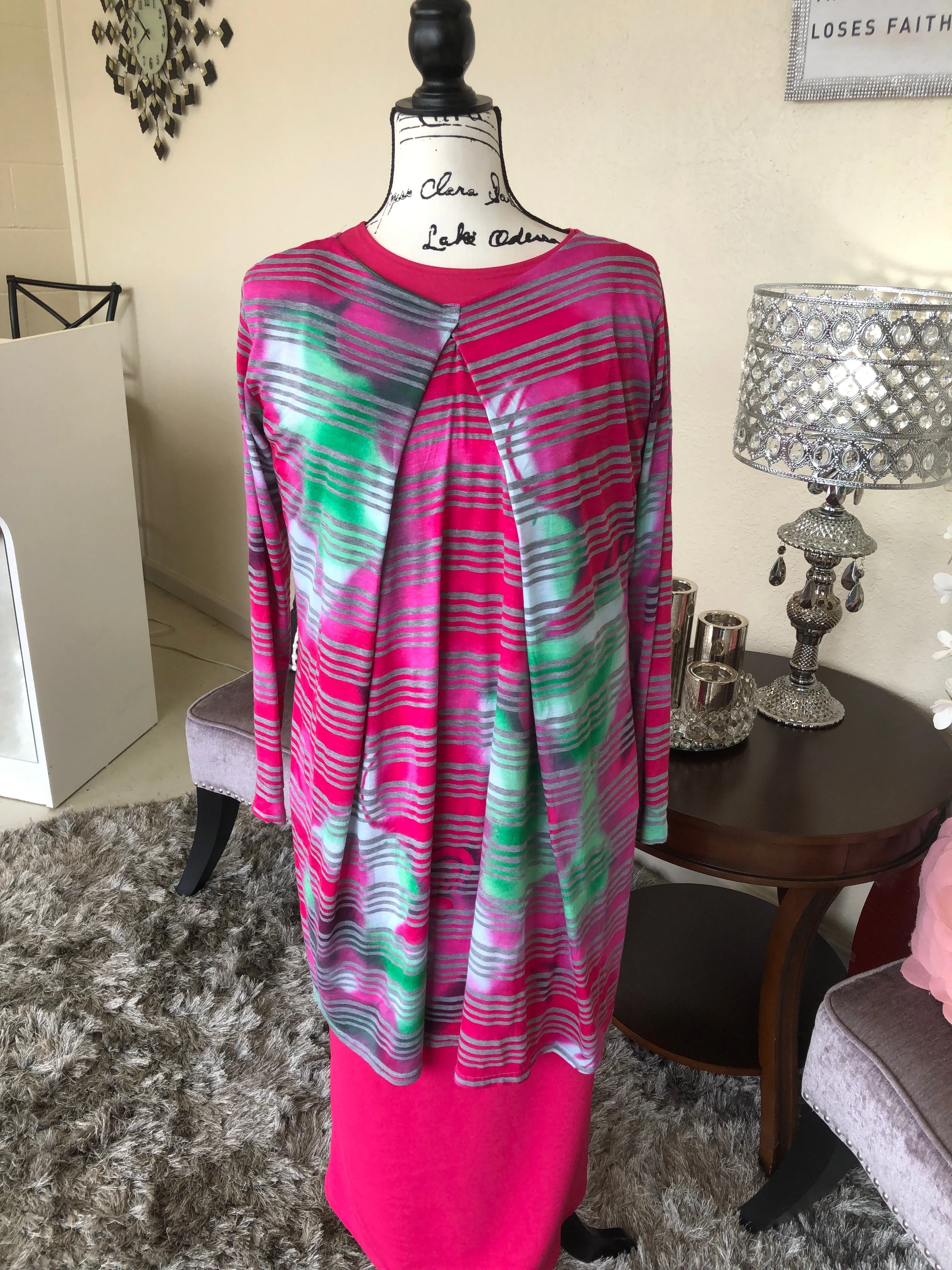 Pink, Green and Gray Stripe Top