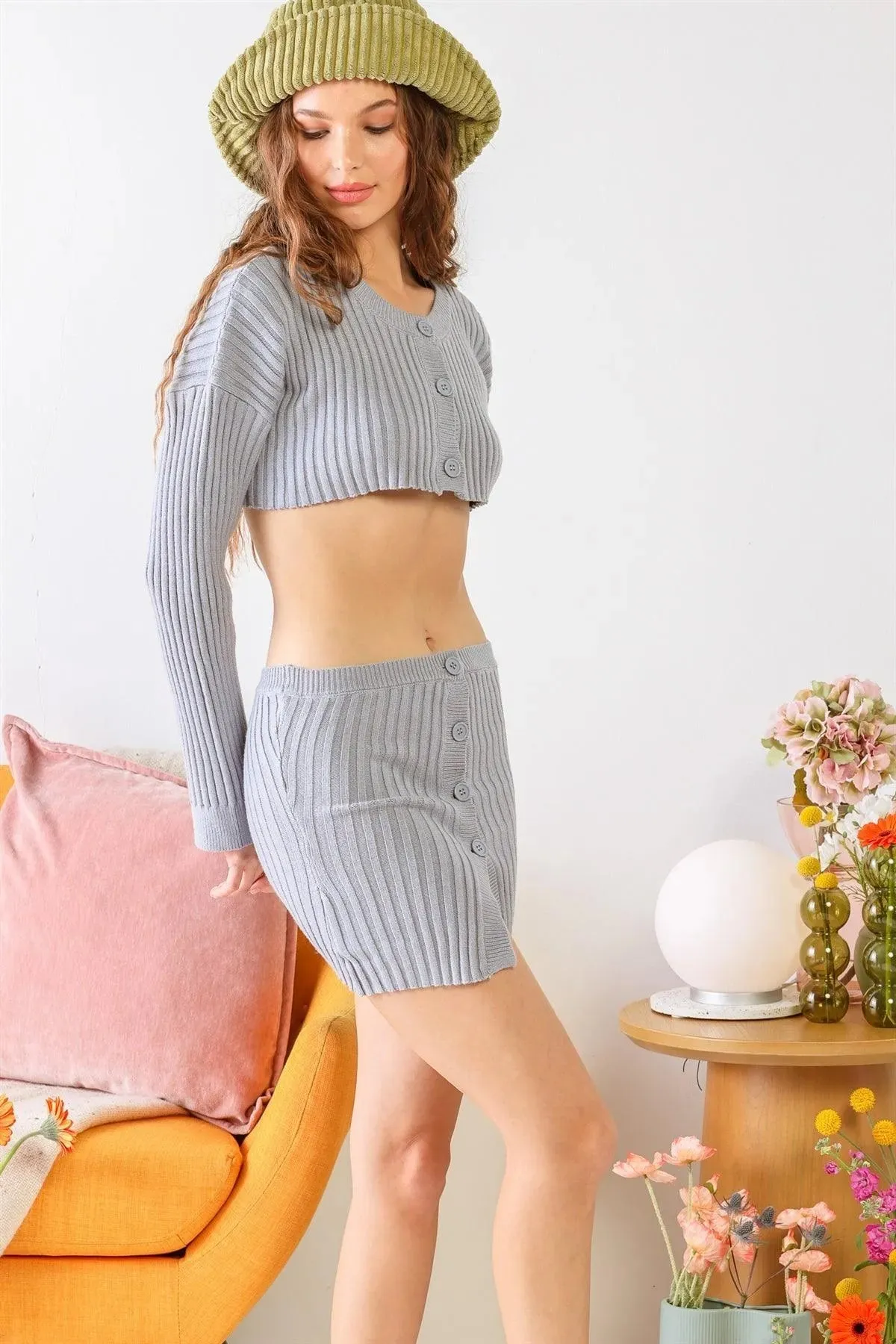 Ribbed Knit Button-Up Crop Top & Mini Skirt Set /1-2-2-1