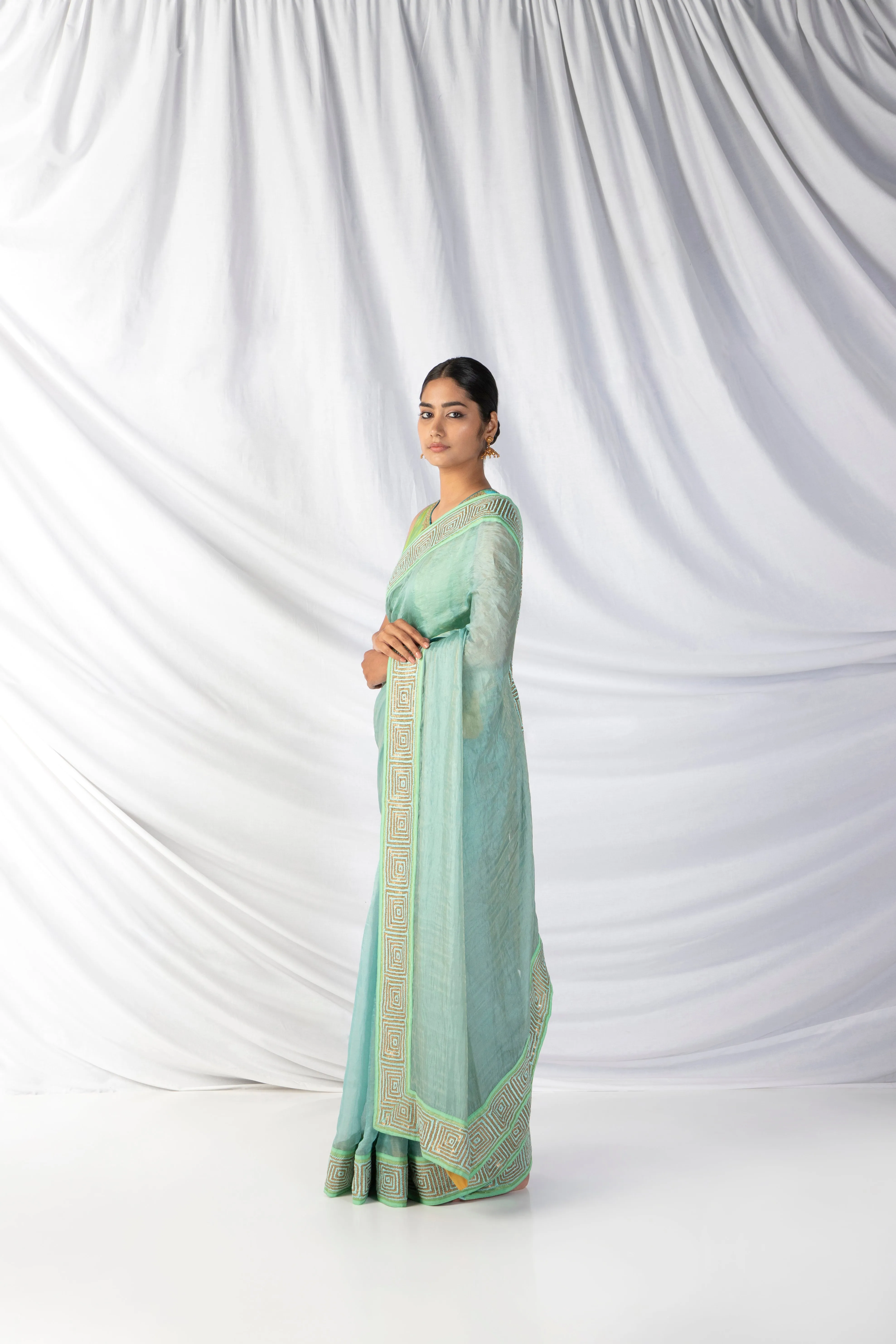 Sampige Saree And Blouse Set In Middle Blue And Mint Green