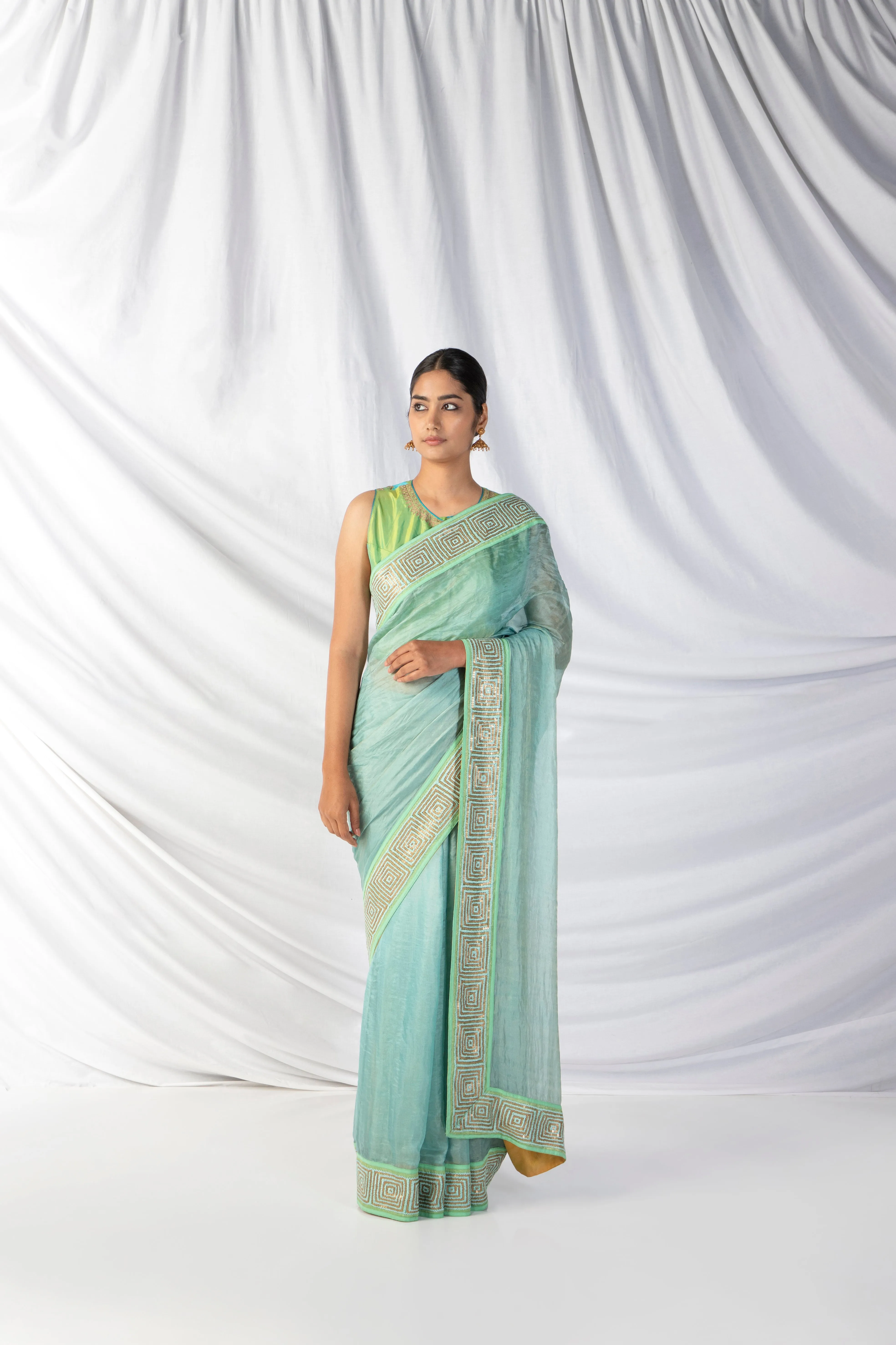 Sampige Saree And Blouse Set In Middle Blue And Mint Green
