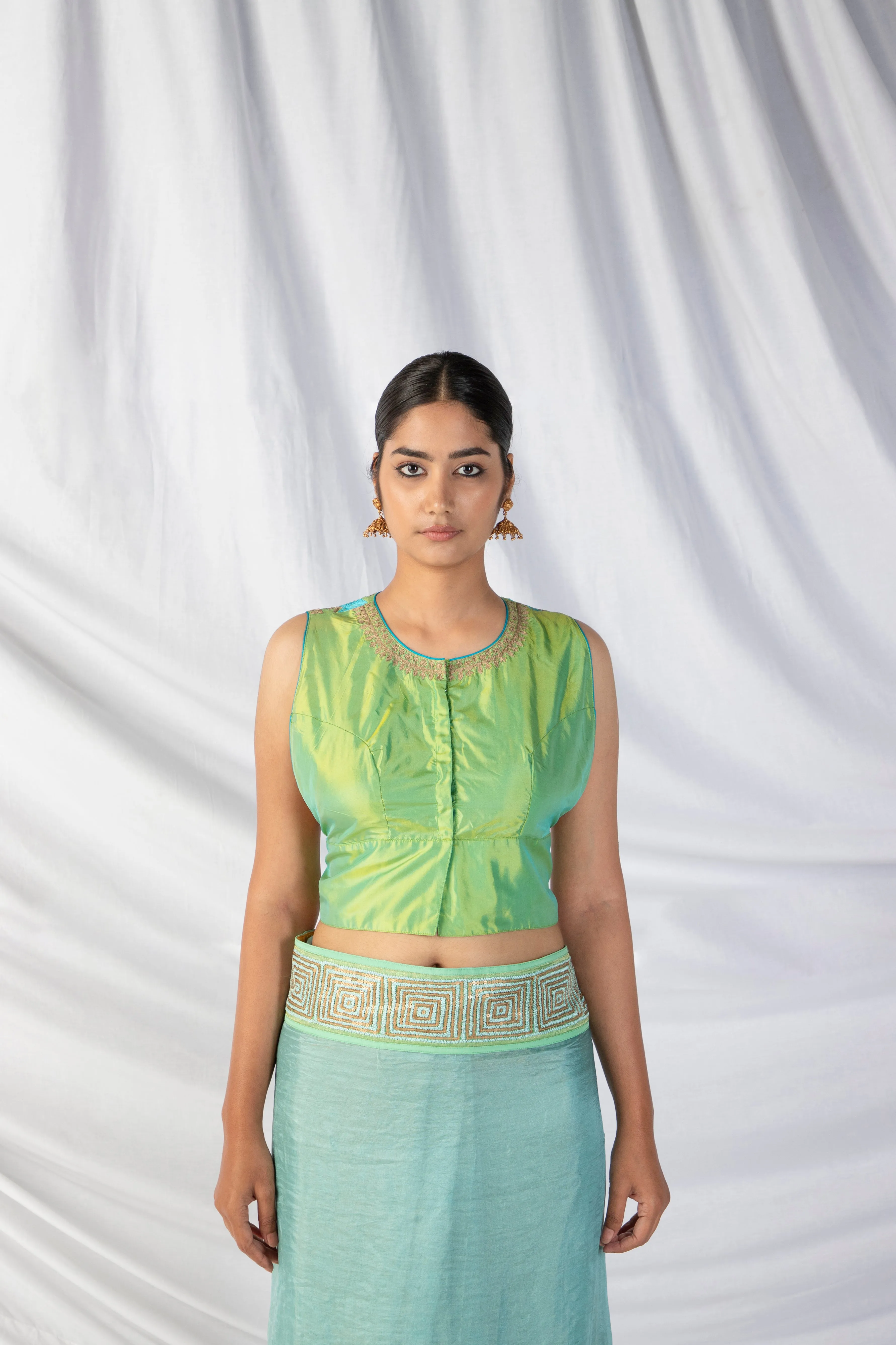 Sampige Saree And Blouse Set In Middle Blue And Mint Green
