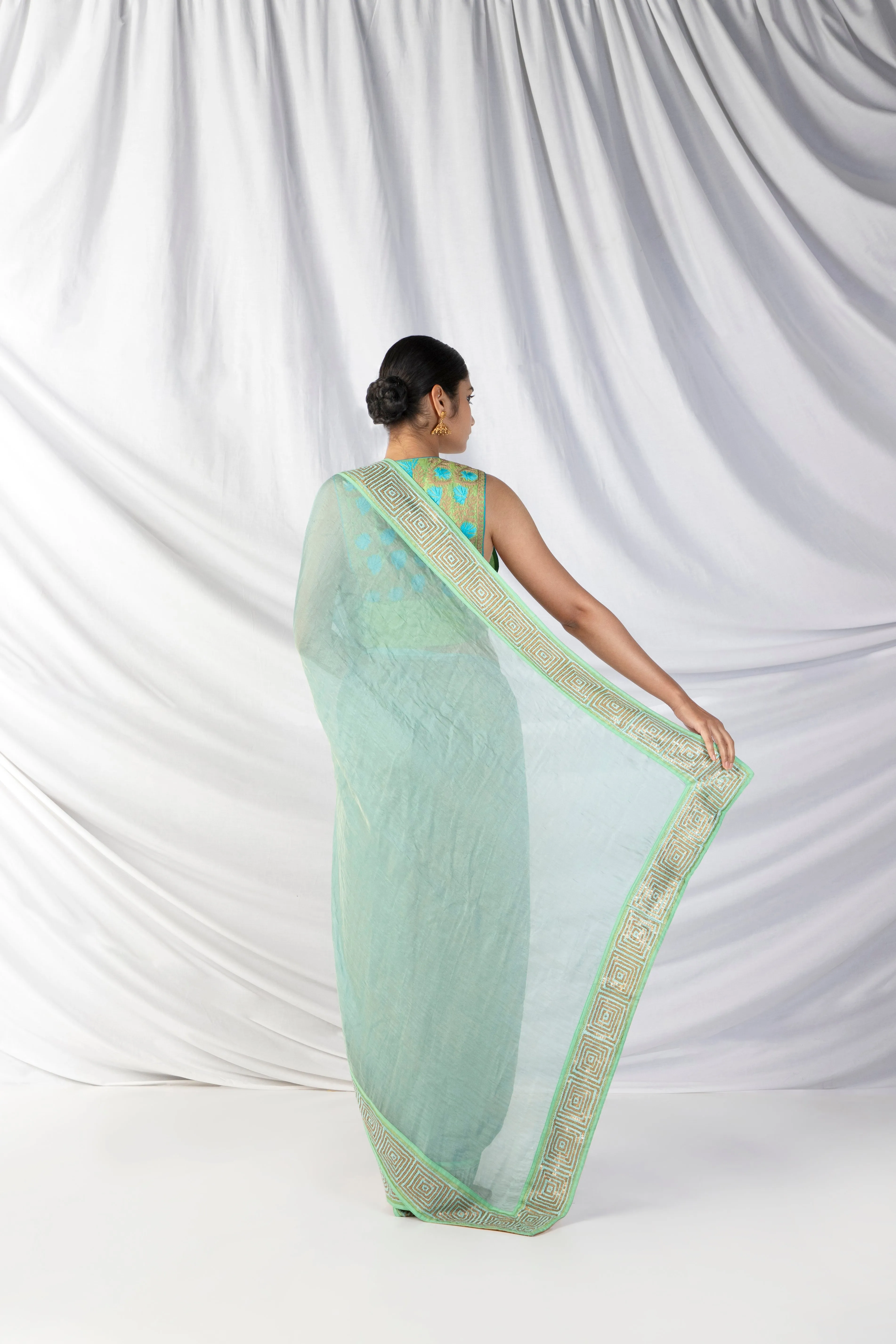 Sampige Saree And Blouse Set In Middle Blue And Mint Green
