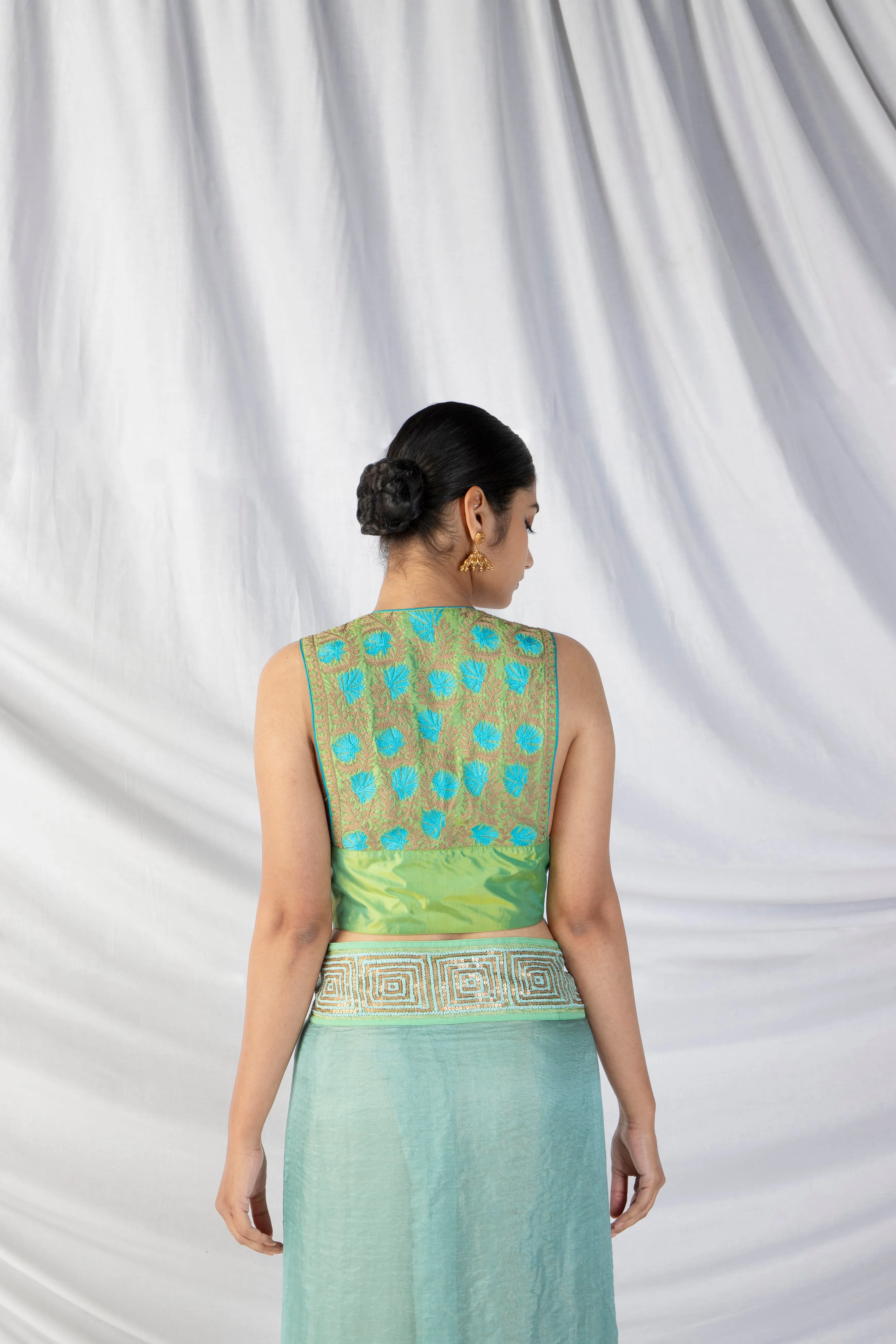 Sampige Saree And Blouse Set In Middle Blue And Mint Green