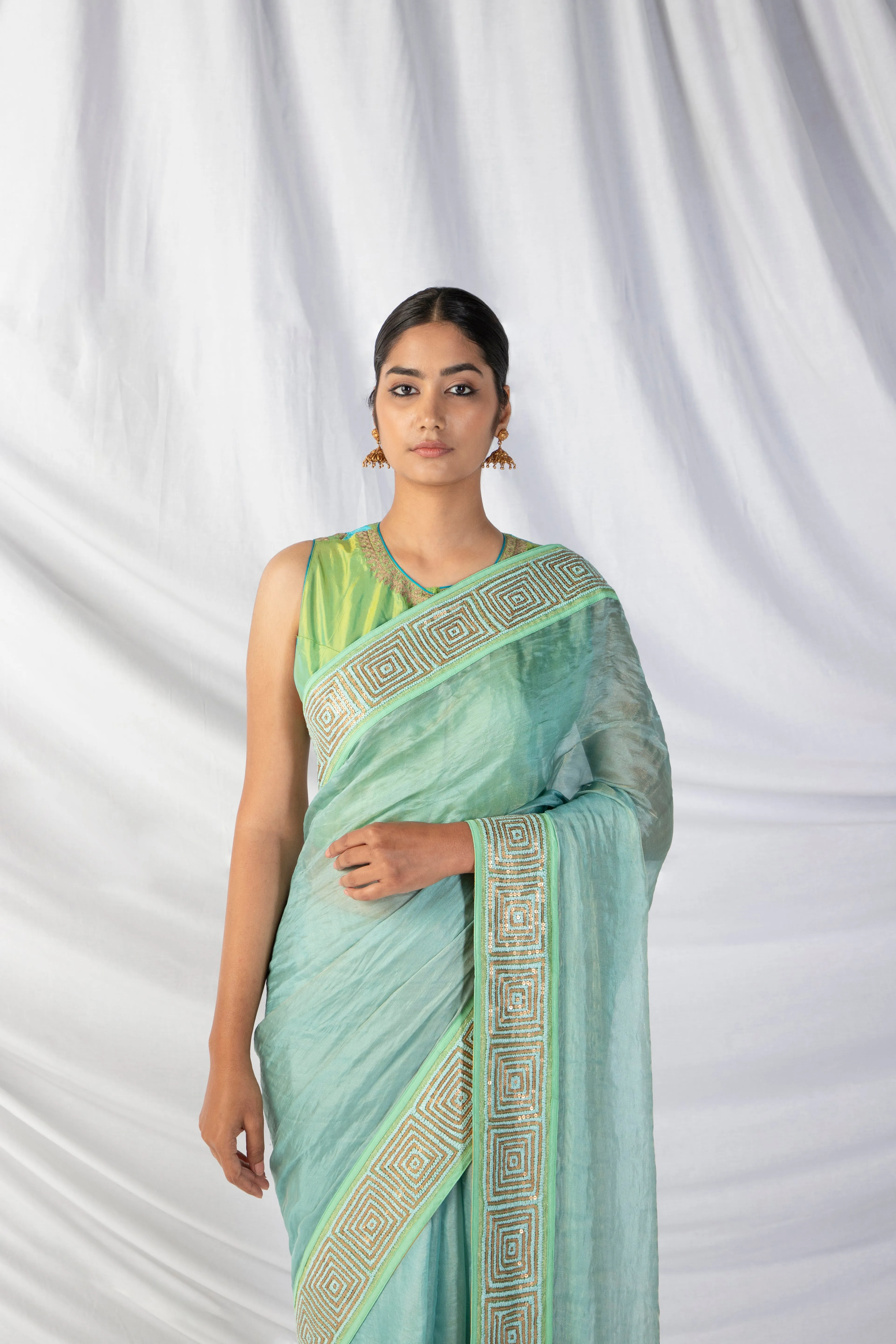 Sampige Saree And Blouse Set In Middle Blue And Mint Green