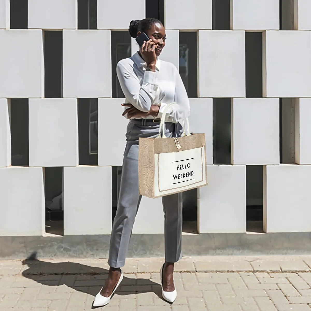 Simple White Hello Weekend Print Tote Bag