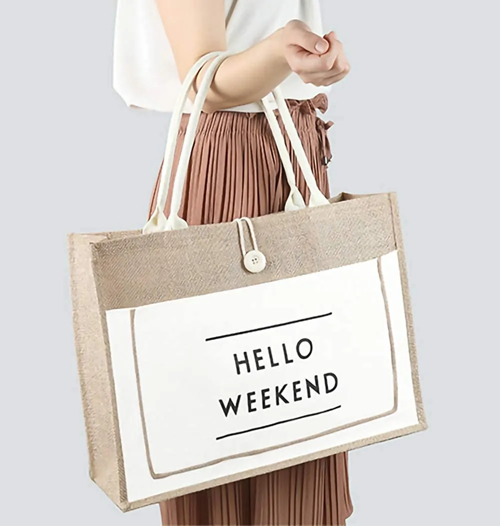 Simple White Hello Weekend Print Tote Bag