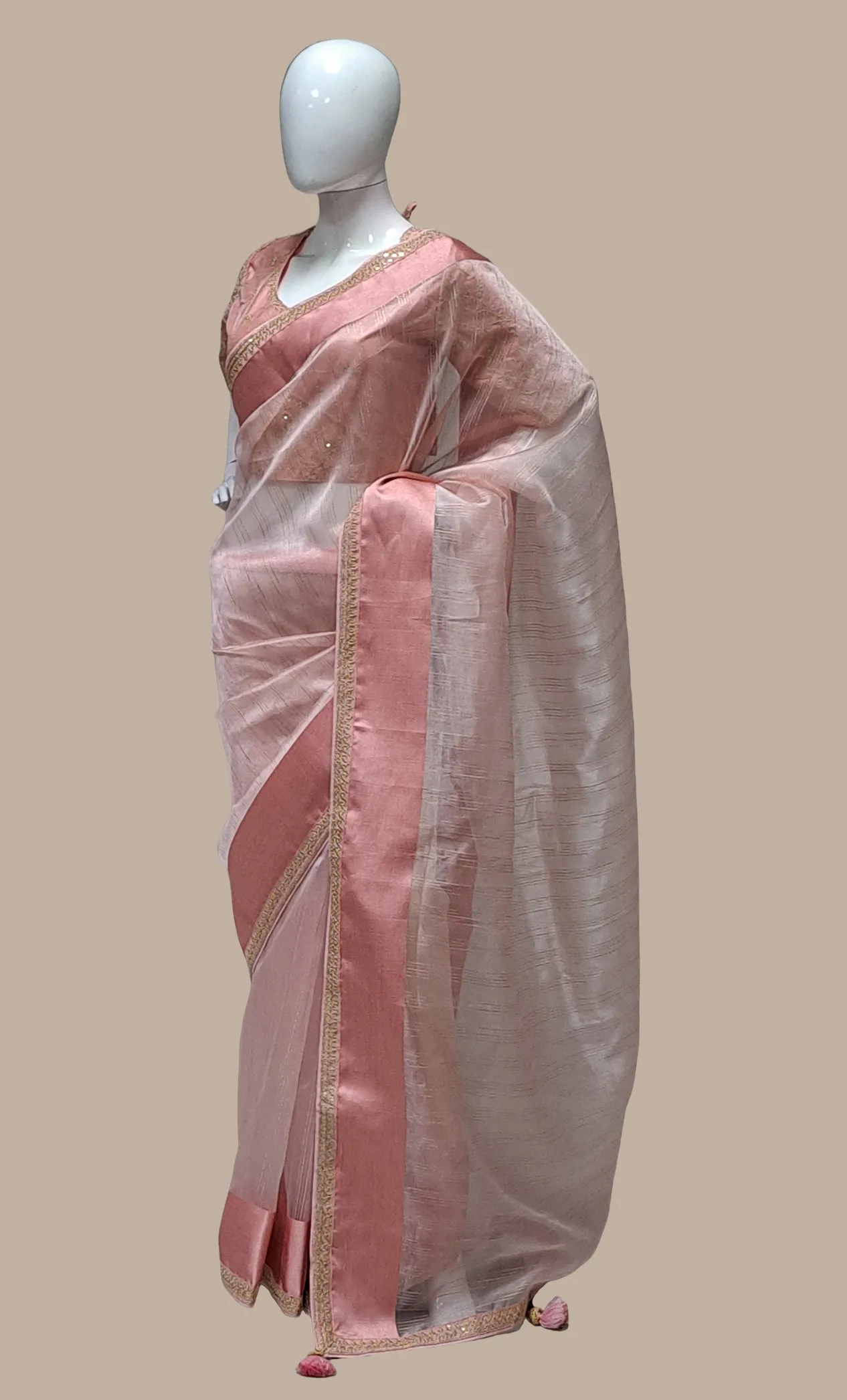 Soft Salmon Pink Embroidered Sari With Ready Blouse