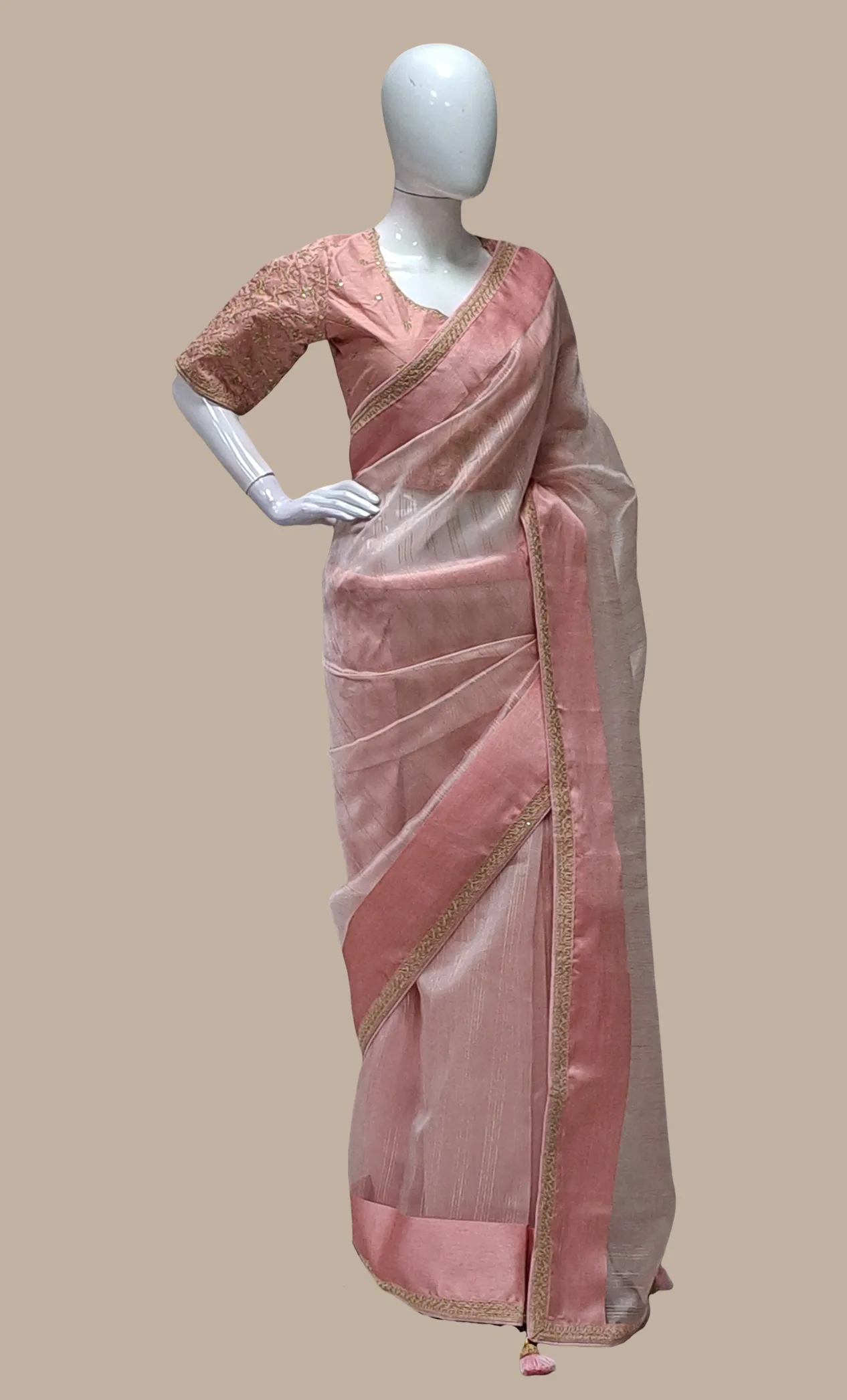 Soft Salmon Pink Embroidered Sari With Ready Blouse