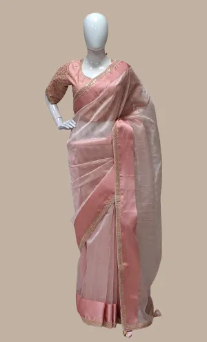 Soft Salmon Pink Embroidered Sari With Ready Blouse