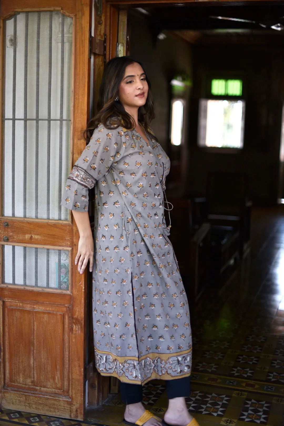 Taraasha Grey Dabu Block Print Cotton Kurta | Ray - Ethnic