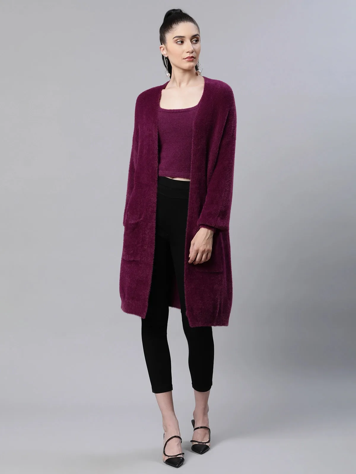 Women Pile knit Plum Pile knit Loose Fit Casual Shrug